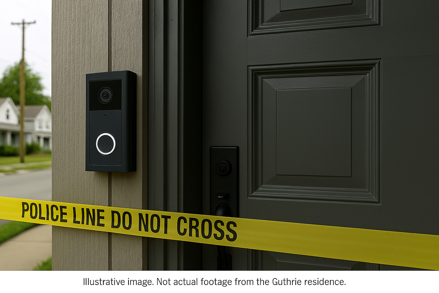 Illustrative image of a smart doorbell and police tape, not actual footage from the Guthrie residence.