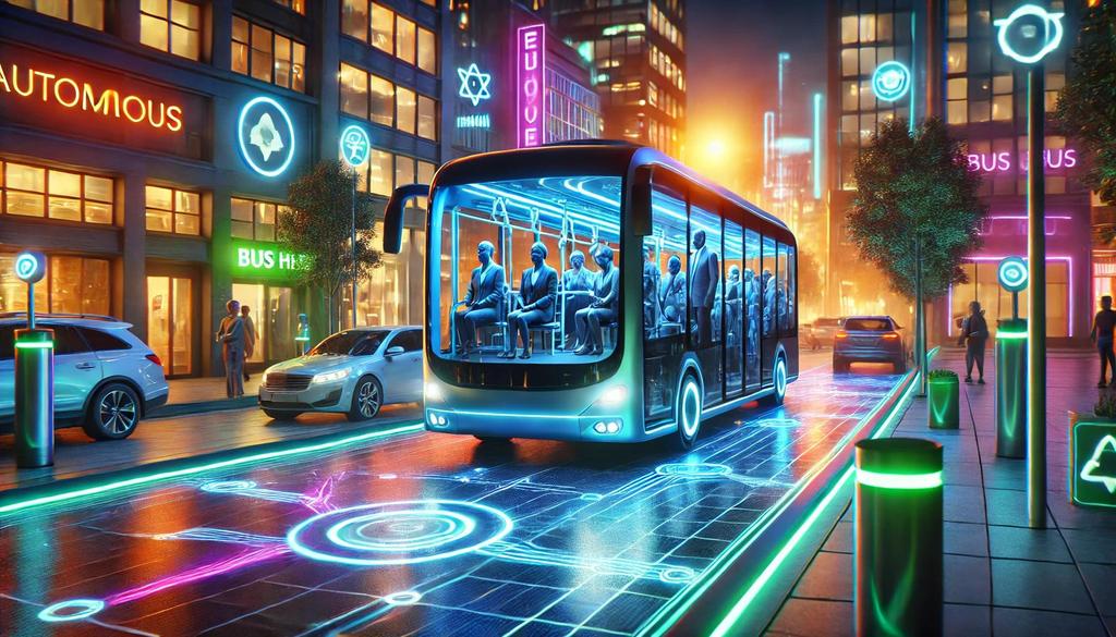 Futuristic public transit system with autonomous electric buses and adaptive city infrastructure, symbolizing AI‑driven urban mobility.