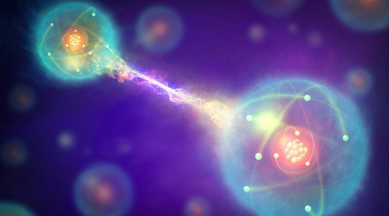 Digital illustration of two atoms connected by a glowing energy strand, symbolizing quantum entanglement.
