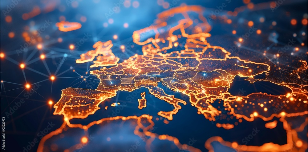 European digital payment icons emerging from a map of Europe, symbolizing the continent’s push for an independent alternative to Visa and Mastercard.