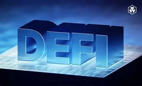 3D metallic ‘DeFi’ text on a reflective surface with a futuristic blue background, symbolizing decentralized finance and digital innovation