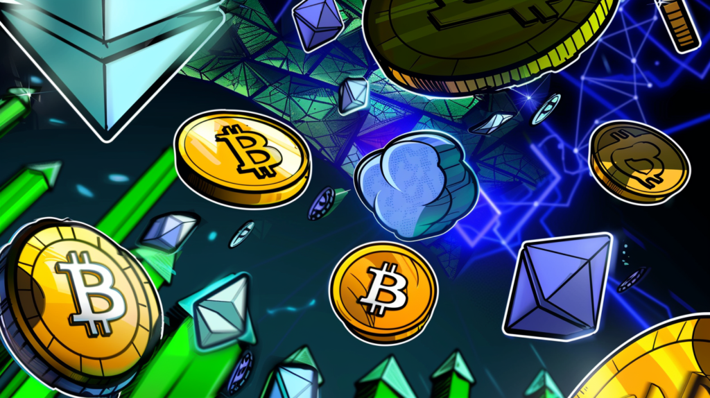 Digital illustration of Bitcoin and Ethereum symbols with rising green arrows and a blockchain network background, representing cryptocurrency growth and market momentum.