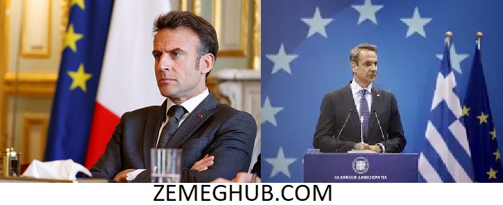 French President Emmanuel Macron and Greek Prime Minister Kyriakos Mitsotakis during a joint press event with EU and national flags in the background, discussing Europe’s geopolitical challenges