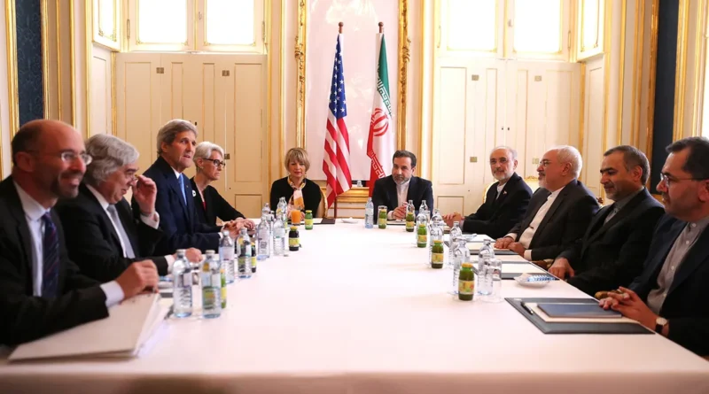 “American and Iranian delegates facing each other across a negotiation table, with both national flags displayed behind them during tense diplomatic discussions