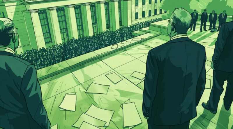 Illustration of business leaders standing on an elevated platform overlooking a large crowd in front of a grand institutional building, symbolizing financial authority and public tension.