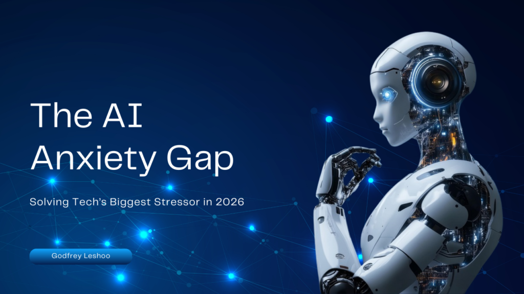 Humanoid robot with glowing blue eyes surrounded by digital network lines, symbolizing artificial intelligence and technological anxiety.
