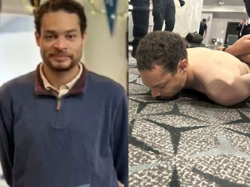 A split image showing the same man in two different moments: on the left, he stands indoors wearing a dark pullover with a light shirt underneath; on the right, he is lying face down on a carpeted floor with his hands restrained behind his back while law enforcement officers stand nearby.