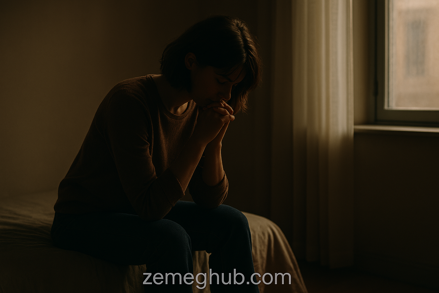 Widescreen photo of a person sitting on the edge of a bed in soft natural light, reflecting in silence, with “zemeghub.com” written at the bottom.