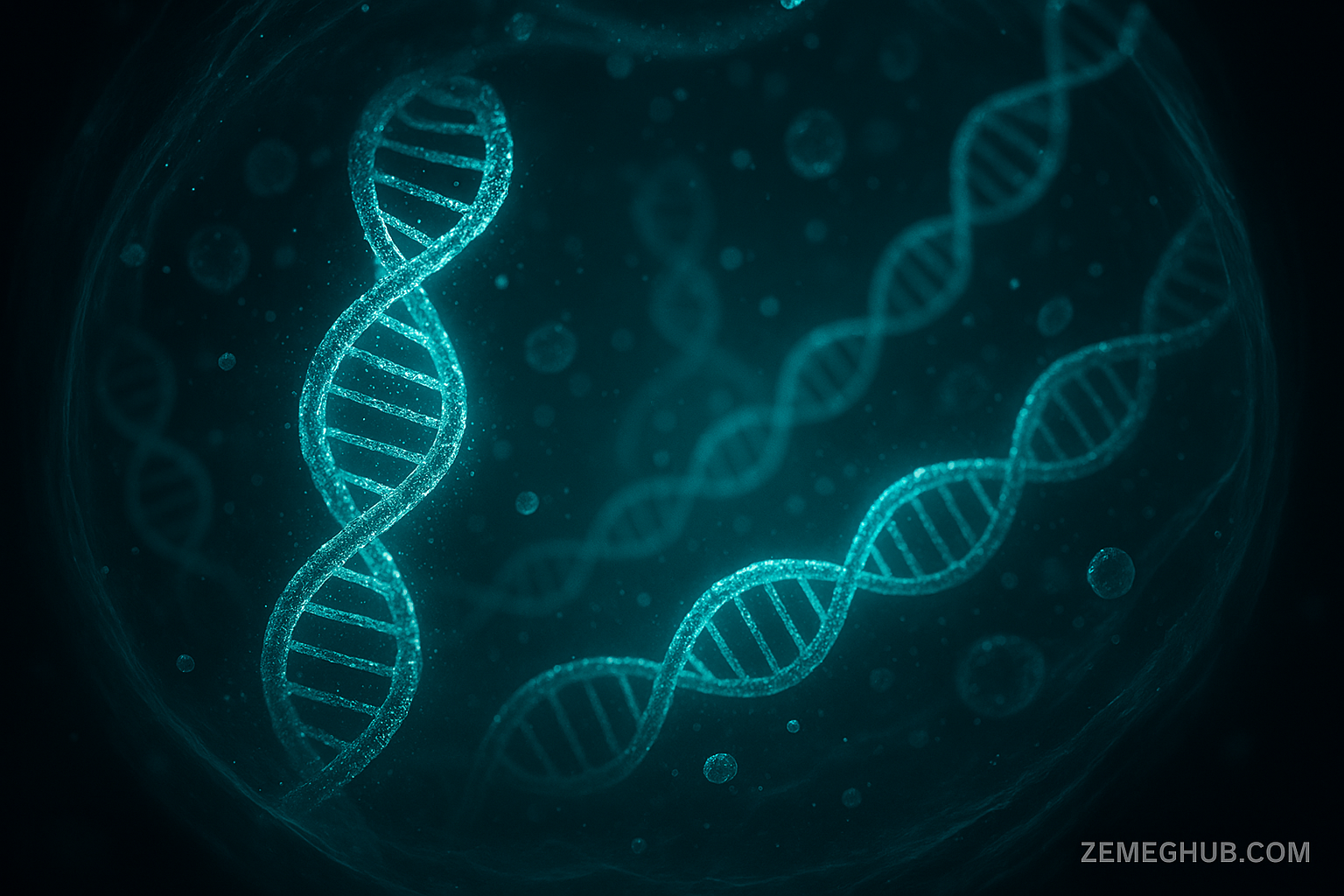 Microscopic view of glowing DNA strands inside a living cell, symbolizing molecular systems that record biological events in real time.