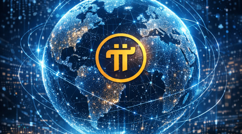 Futuristic digital globe glowing with blue network connections and the golden Pi Network symbol at its center
