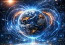 FutuFuturistic scientific visualization of Earth surrounded by glowing magnetic field lines, digital data streams, and blue energy patterns in space.ristic scientific visualization of Earth surrounded by glowing magnetic field lines, digital data streams, and blue energy patterns in space.