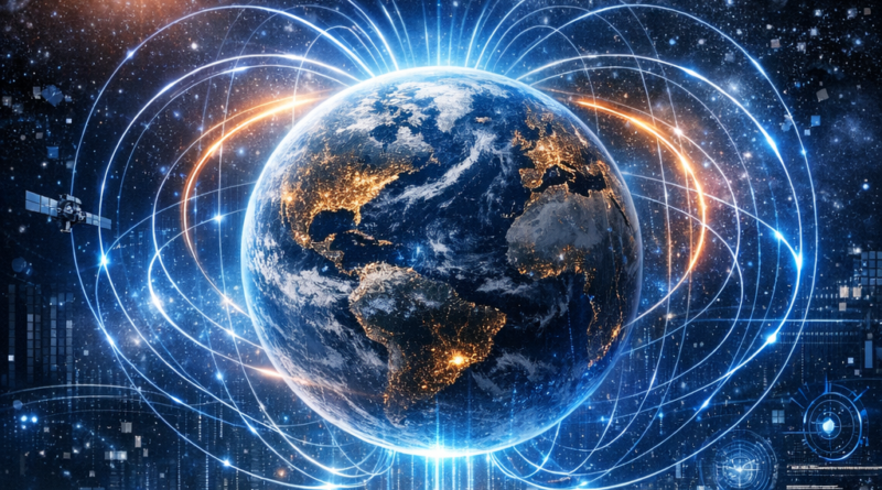 FutuFuturistic scientific visualization of Earth surrounded by glowing magnetic field lines, digital data streams, and blue energy patterns in space.ristic scientific visualization of Earth surrounded by glowing magnetic field lines, digital data streams, and blue energy patterns in space.