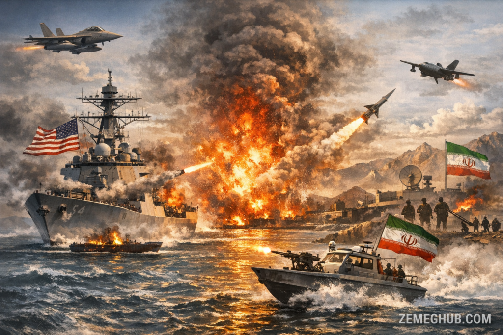 “A dramatic digital illustration of the escalating Iran–US conflict in the Strait of Hormuz, showing a US Navy destroyer firing missiles toward Iranian forces as explosions light up the sea and sky, symbolizing rising geopolitical tension