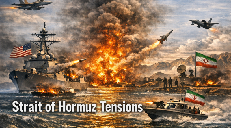 “A dramatic featured image depicting the escalating Iran–US tensions in the Strait of Hormuz, with a US Navy warship and an Iranian speedboat exchanging missile fire as explosions light up the sea under a golden sunset.