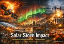 A cinematic composite image showing the global impact of a massive solar storm, with a damaged satellite near a fiery sun, bright auroras over a city skyline, grounded flights, and a sparking power grid.
