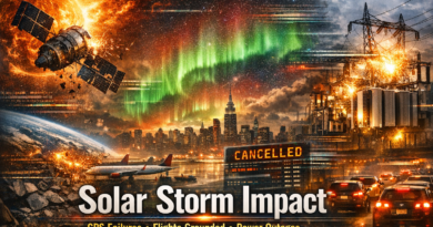 A cinematic composite image showing the global impact of a massive solar storm, with a damaged satellite near a fiery sun, bright auroras over a city skyline, grounded flights, and a sparking power grid.