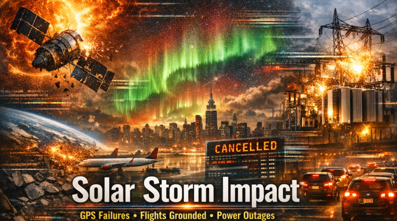 A cinematic composite image showing the global impact of a massive solar storm, with a damaged satellite near a fiery sun, bright auroras over a city skyline, grounded flights, and a sparking power grid.