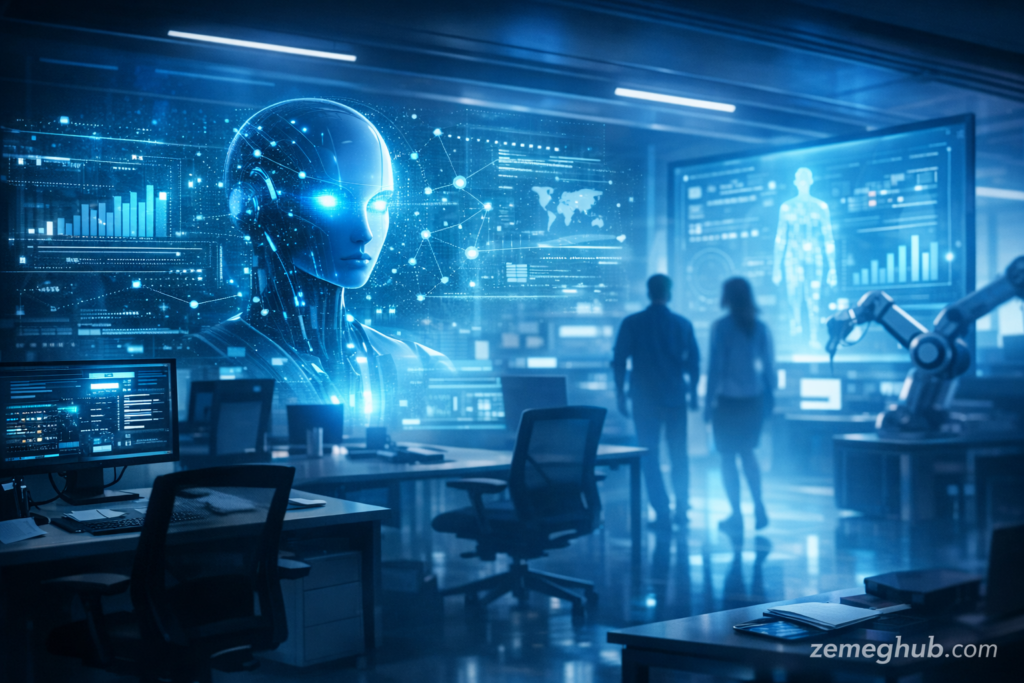 “Futuristic AI‑powered office illuminated in blue light, showing holographic artificial intelligence head, robotic arms, and human silhouettes observing data screens — symbolizing automation and the transformation of modern workplaces.