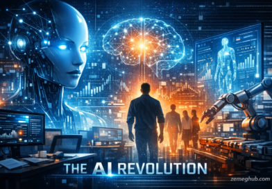 “Futuristic digital illustration showing a female AI robot, human silhouette, and robotic arms against a glowing cityscape with neural circuits and data streams — symbolizing the rise of artificial intelligence and the transformation of modern industry.