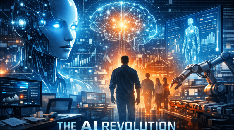 “Futuristic digital illustration showing a female AI robot, human silhouette, and robotic arms against a glowing cityscape with neural circuits and data streams — symbolizing the rise of artificial intelligence and the transformation of modern industry.