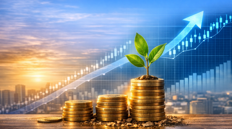 Three ascending stacks of golden coins with a green plant sprouting from the tallest one, set against a city skyline and an upward blue arrow, symbolizing financial growth and long‑term investment success