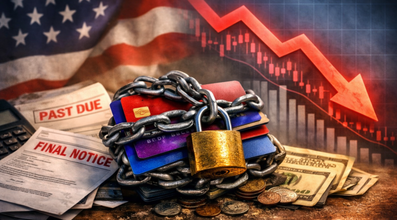 Stack of credit cards wrapped in heavy metal chains and locked with a padlock, surrounded by overdue bills and U.S. dollars, symbolizing the American debt crisis in 2026