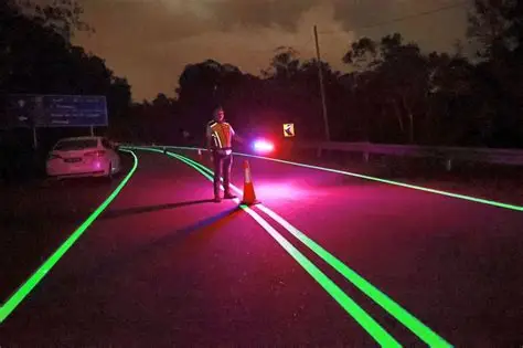A Malaysian roadway glowing bright green under the night sky, with photoluminescent lane markings illuminating the pavement as a worker in a reflective vest stands beside a traffic cone.