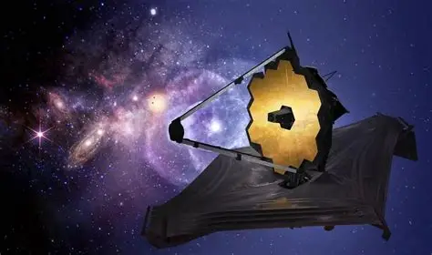 The James Webb Space Telescope floating in deep space, its golden hexagonal mirror reflecting starlight against a backdrop of distant galaxies and nebulae.