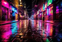 A vibrant neon‑lit street at night with wet cobblestones reflecting colorful lights from surrounding buildings, creating a cinematic futuristic city atmosphere.