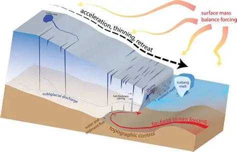 A conceptual diagram illustrating the key processes occurring at the terminus of an outlet glacier, including ice flow direction, meltwater pathways, sediment transport, and interactions between the glacier front, subglacial channels, and surrounding landscape.