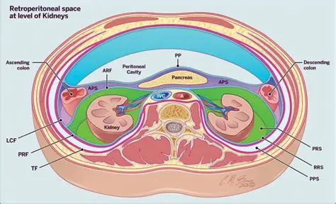 Cross‑section of the human abdomen showing kidneys, pancreas, colon and retroperitoneal spaces with labeled anatomical structures
