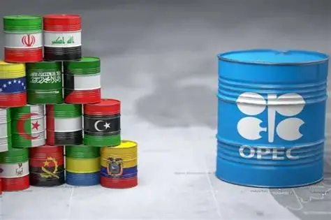 “Oil barrels painted with national flags of OPEC member countries beside a blue barrel with the OPEC logo, symbolizing the organization’s global oil alliance