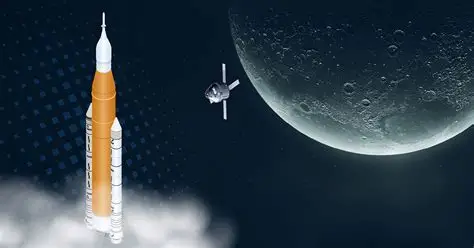 “The Orion spacecraft atop the SLS rocket ascending through the morning sky during the Artemis II launch, symbolizing the return of humans to deep space