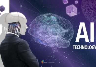 Humanoid robot in a suit facing a digital brain made of neural connections, representing advanced artificial intelligence technology.