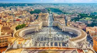 St. Peter’s Basilica and the Vatican skyline under clear daylight, representing the heart of the Holy See