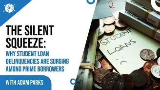 Graphic highlighting the surge in student loan delinquencies among prime borrowers, featuring currency, coins, and a note labeled ‘Student Loans’ with a sad face.