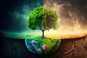 Earth split into two contrasting halves with a central tree, one side lush and green and the other dry and barren, symbolizing climate change and environmental degradation