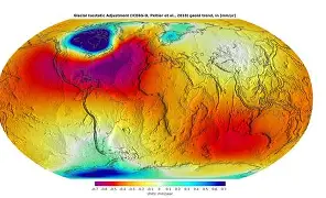 A global topographic map displaying Earth’s elevation and geoid height variations, color‑coded from deep blue for low ocean basins to red for high mountain ranges, illustrating large‑scale geological and geophysical structures.