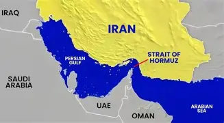 Map highlighting the Strait of Hormuz between Iran and Oman, showing surrounding countries and major waterways