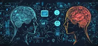 Two stylized human heads facing each other, one blue and one orange, with circuit‑like digital brains connected by glowing lines and data icons, symbolizing communication between human and artificial intelligence