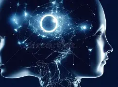 "Two overlapping human heads with glowing neural connections representing artificial intelligence and digital cognition