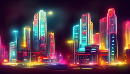 A futuristic neon‑lit cityscape with towering skyscrapers glowing in vibrant pink, blue, and orange hues, creating a cyberpunk‑style urban atmosphere under the night sky.
