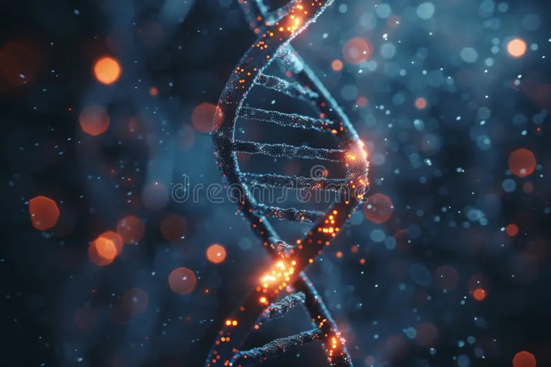 Dynamic DNA double helix glowing softly in a dark laboratory environment, symbolizing the emerging idea of adaptive genomes capable of responding to their surroundings.