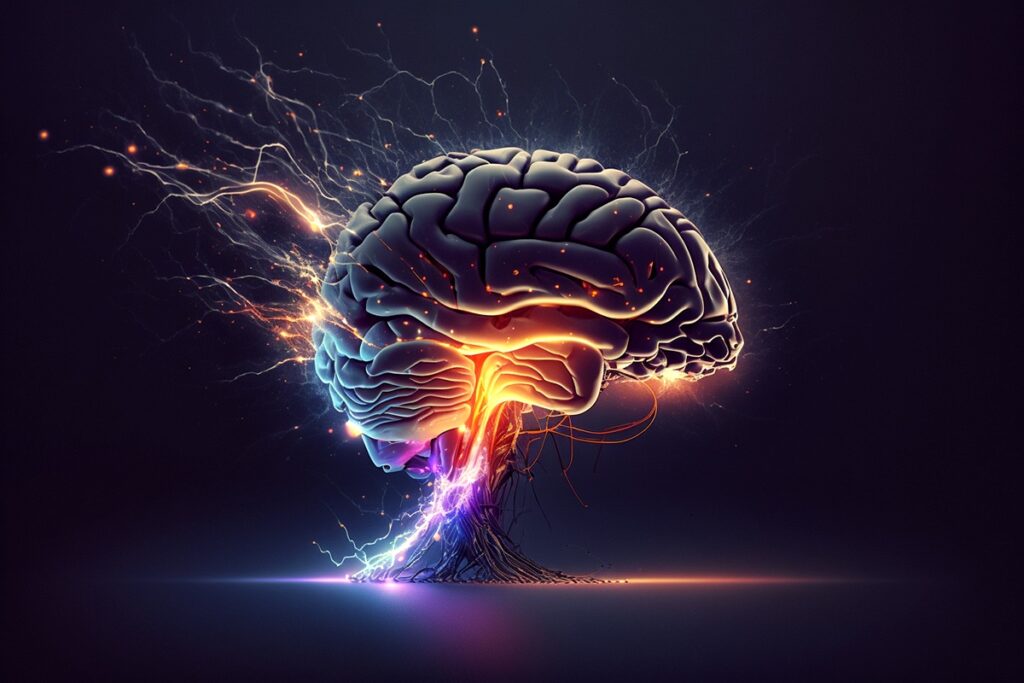 “Glowing digital illustration of a human brain emitting vibrant energy and neural connections against a dark background