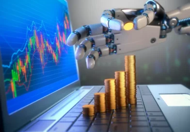 Who Pays for Artificial Intelligence? 7 Forces Shaping the Future of AI A robotic hand reaching toward stacks of gold coins on a laptop keyboard, symbolizing the financial cost and economic incentives behind artificial intelligence.