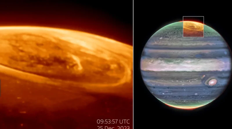 Jupiter’s Auroras revealed through a combined infrared and visible view of the planet’s polar region.