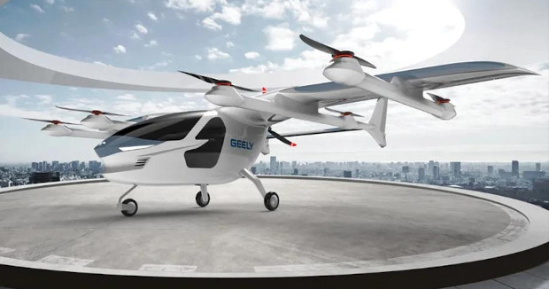 Electric eVTOL aircraft by Geely positioned on a rooftop helipad, featuring multiple rotors and a sleek aerodynamic design for urban air mobility.