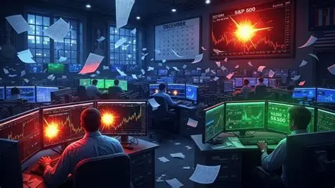 Wall Street volatility reflected in a chaotic trading floor Wall Street volatility during a chaotic trading session with falling S&P 500 charts