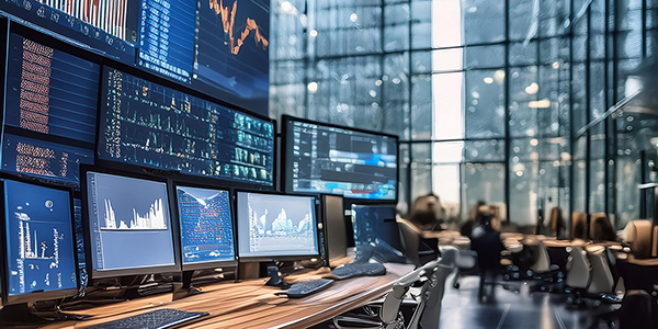 Wall Street volatility reflected in a high‑tech trading floor with real‑time market charts