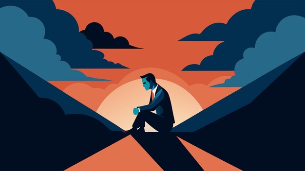 A solitary person sitting between dark mountains at sunset, symbolizing guilt, emotional weight, and the journey toward self‑forgiveness.